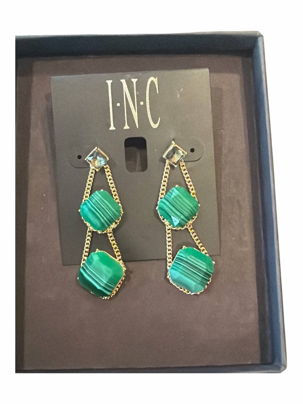 INC International Concepts Green Faux Malachite Square Drop Tower Earrings